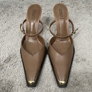 NEW Schutz Charlotte Pump Womens Size 8B Brown Leather Gold Buckle Pointed Toe